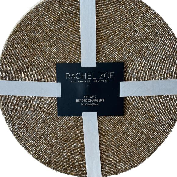 RACHEL ZOE Metallic GOLD Glass Beaded Charger Placemats 14" Round Set of 2 NEW - Picture 3 of 10